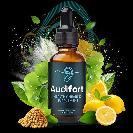Audifort healthy hearing supplement bottle with natural ingredients like lemon and ginger