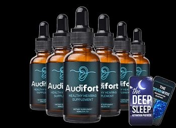 Audifort hearing support supplement bundle with 6 bottles and Deep Sleep bonus guide